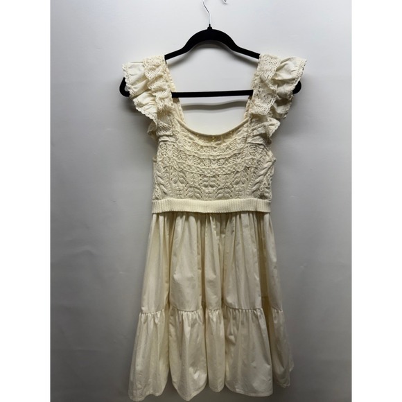 En Saison Dresses & Skirts - En Saison Mixed Media Mini Dress Womens S Cream‎ Crochet Ruffle Tiered